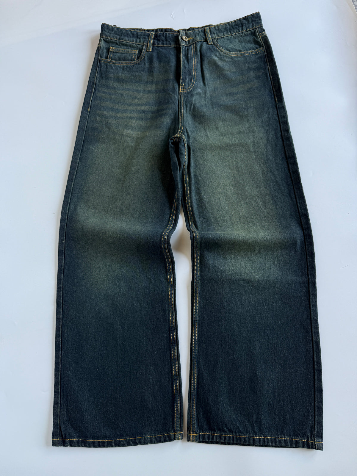 Dirty Wash Blue Baggy Wide Jeans