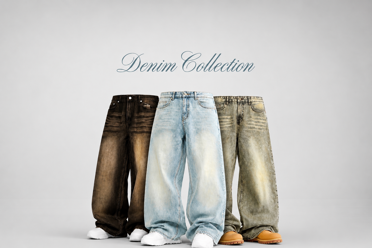 Three pairs of jeans in different styles and colors on a gray background with 'Denim Collection' text.